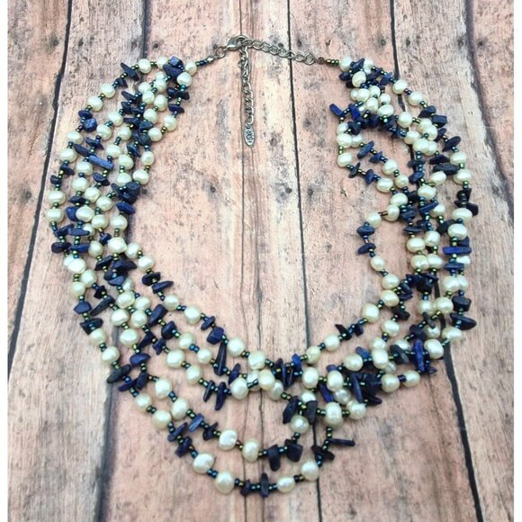 GCM Gerald C. Miller Faux Pearl Blue Chip Stone Multi Strand Collar Necklace 21" - Picture 7 of 9